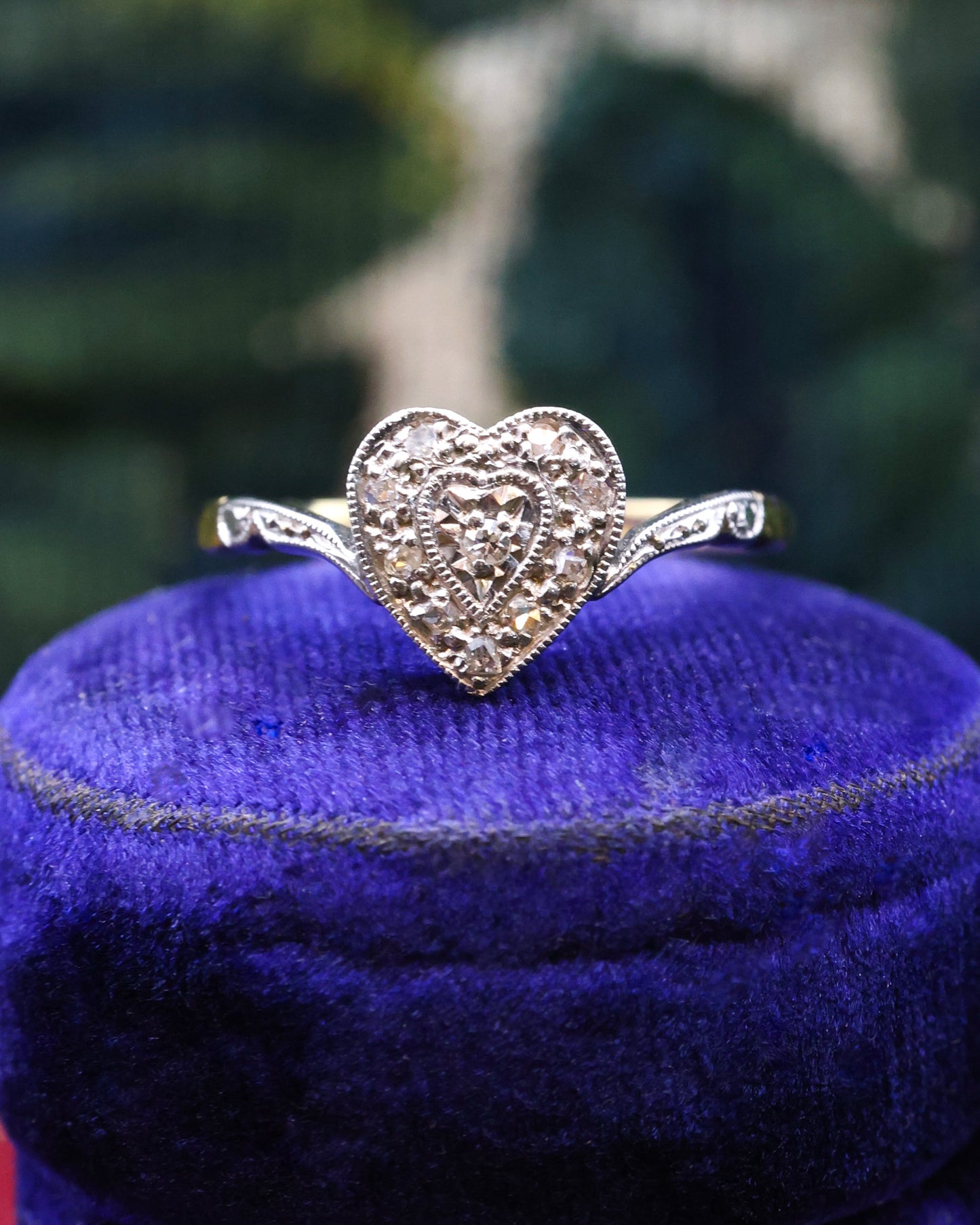 Diamond Heart Shaped 18 Carat Gold & Platinum Ring - Robin Haydock Antique Jewellery