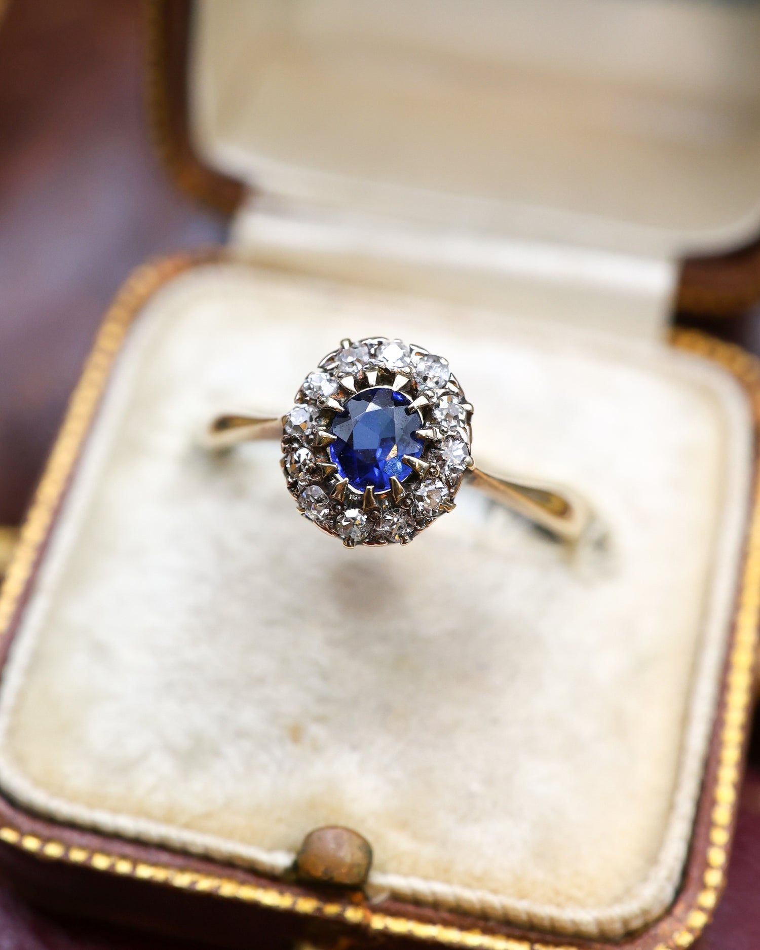 Yellow Gold (High Carat tested), Small Oval Sapphire & Diamond Cluster Ring, Circa 1920 - Robin Haydock Antique Jewellery