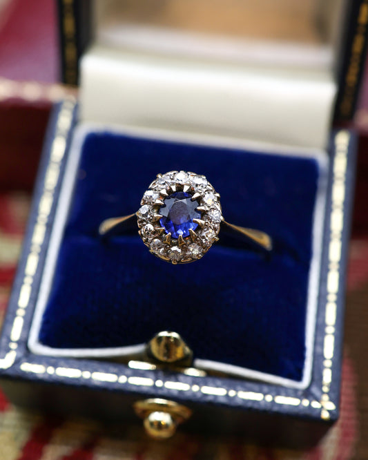 Yellow Gold (High Carat tested), Small Oval Sapphire & Diamond Cluster Ring, Circa 1920 - Robin Haydock Antique Jewellery