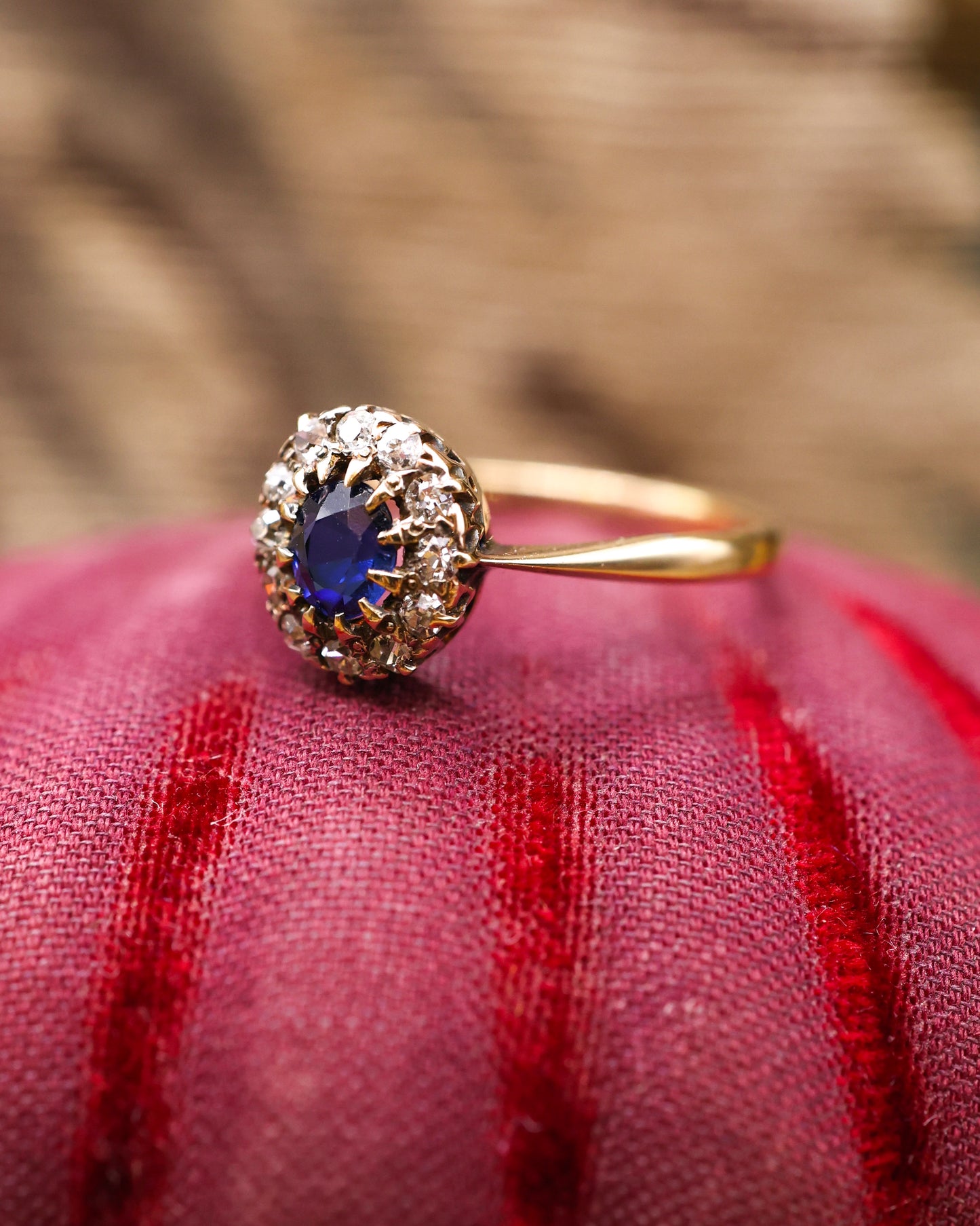 Yellow Gold (High Carat tested), Small Oval Sapphire & Diamond Cluster Ring, Circa 1920 - Robin Haydock Antique Jewellery