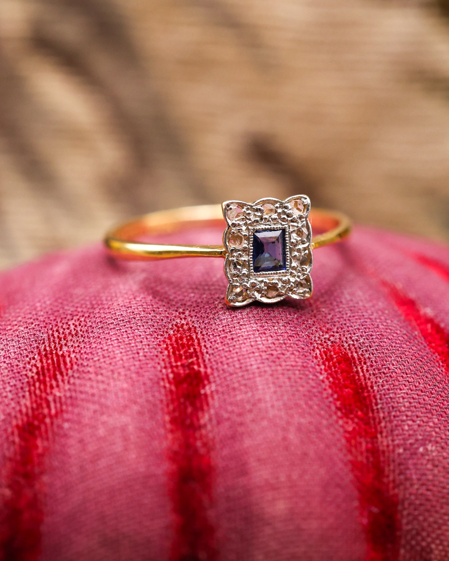 18ct Yellow Gold & Platinum Oblong Sapphire & Diamond Cluster Ring Circa 1920 - Robin Haydock Antique Jewellery