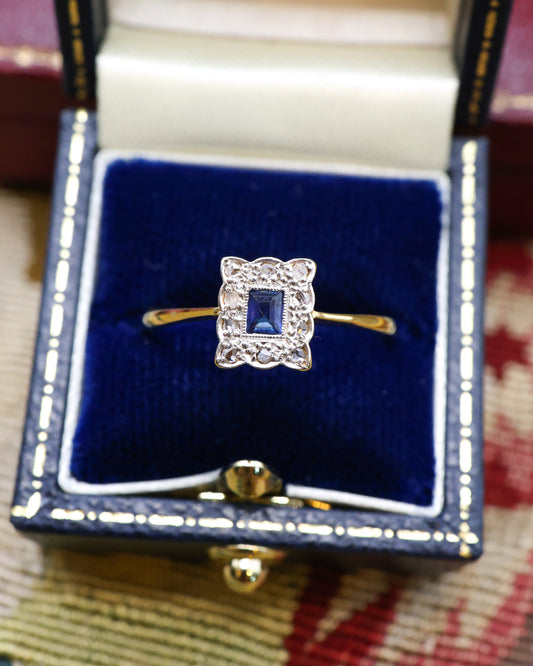 18ct Yellow Gold & Platinum Oblong Sapphire & Diamond Cluster Ring Circa 1920 - Robin Haydock Antique Jewellery