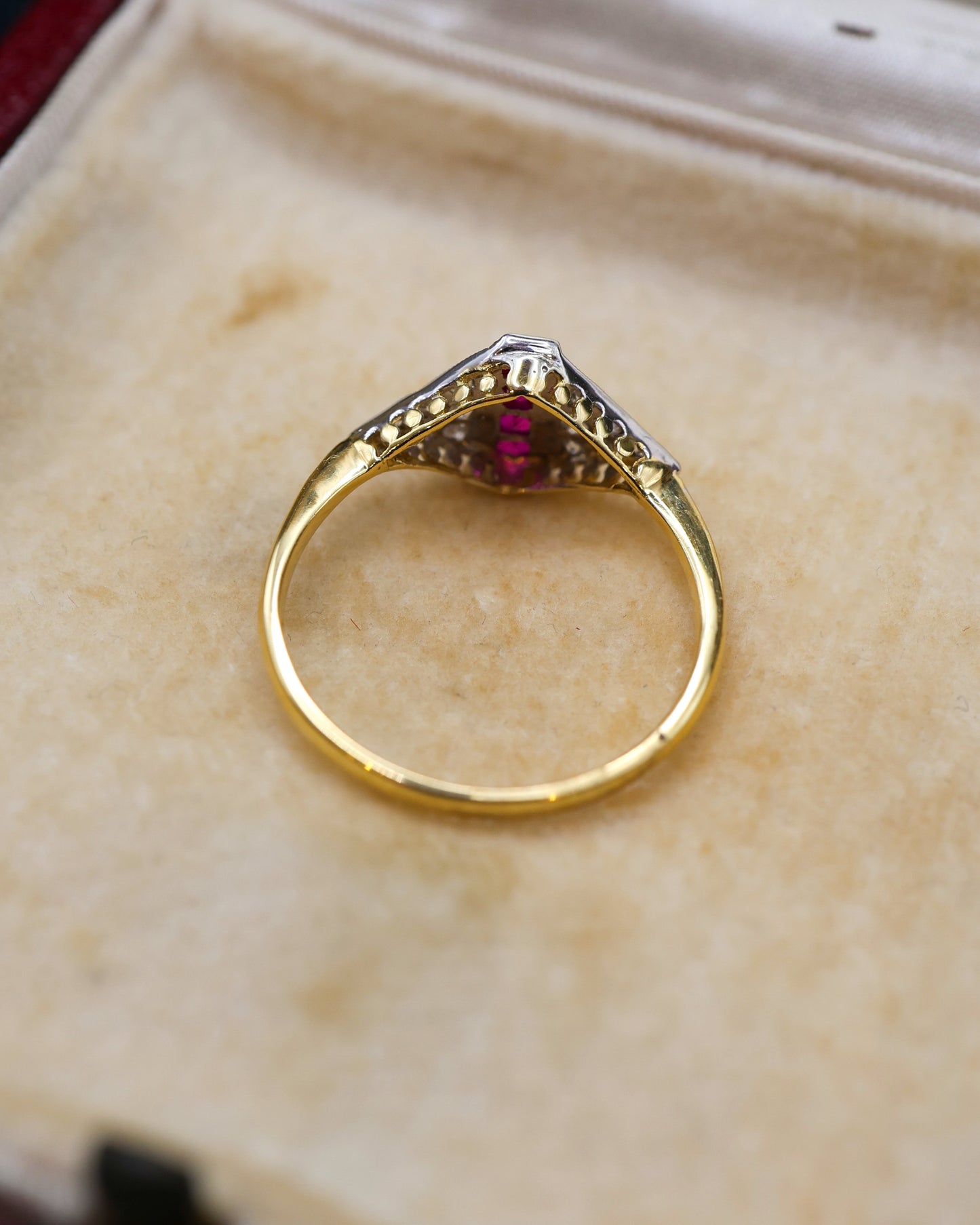 A fine 18ct (stamped), Yellow Gold "Art Deco Style" Calibre Cut Ruby (4) Ruby & Diamond Ring. Pre-owned. - Robin Haydock Antique Jewellery
