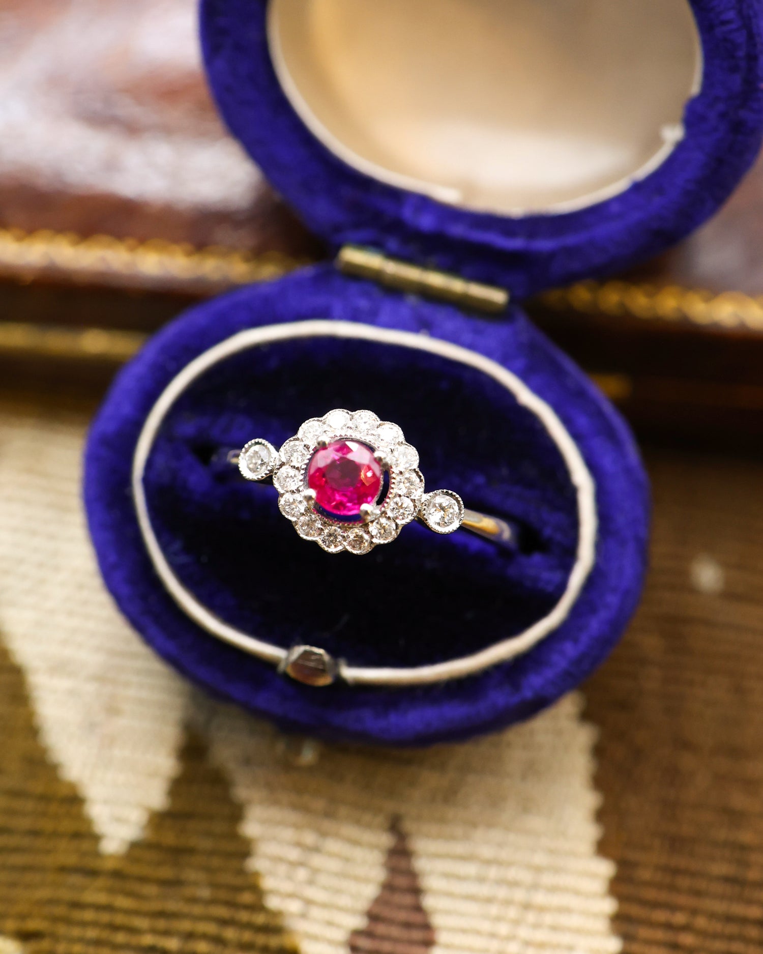 18ct White Gold Burmese Ruby & Diamond Cluster Ring Preowned - Robin Haydock Antique Jewellery