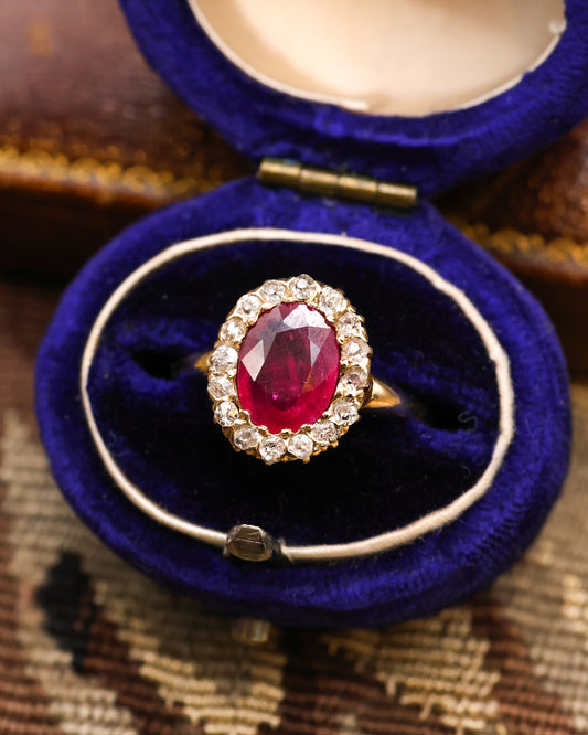 14ct Yellow Gold Oval Ruby & 16 Diamond Cluster  Ring Circa 1920 - Robin Haydock Antique Jewellery
