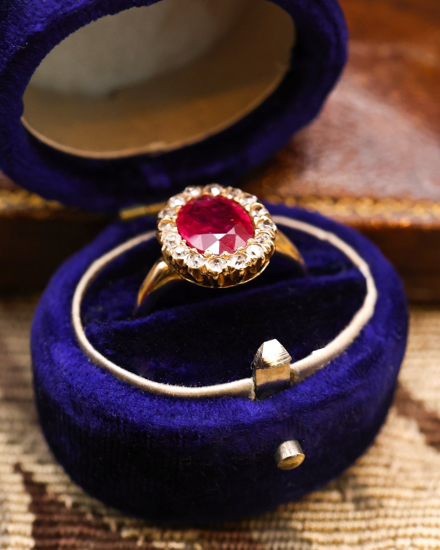 14ct Yellow Gold Oval Ruby & 16 Diamond Cluster  Ring Circa 1920 - Robin Haydock Antique Jewellery