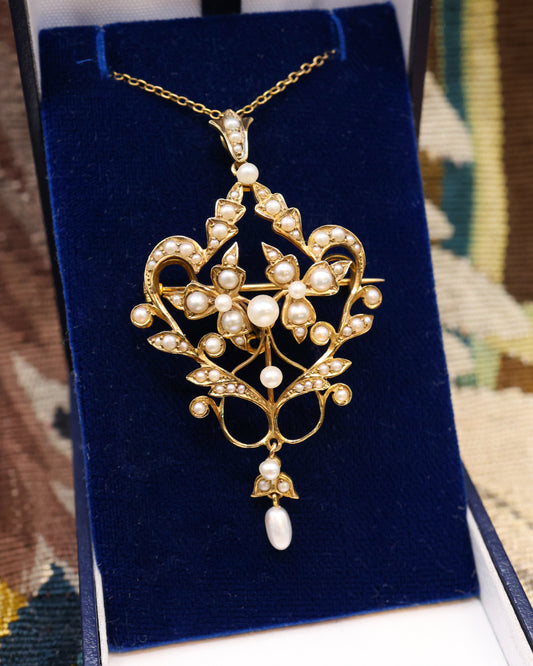 A Beautiful 15 Carat (stamped) Yellow Gold Natural Seed Pearl Pendant Brooch, English, Circa 1900. - Robin Haydock Antique Jewellery