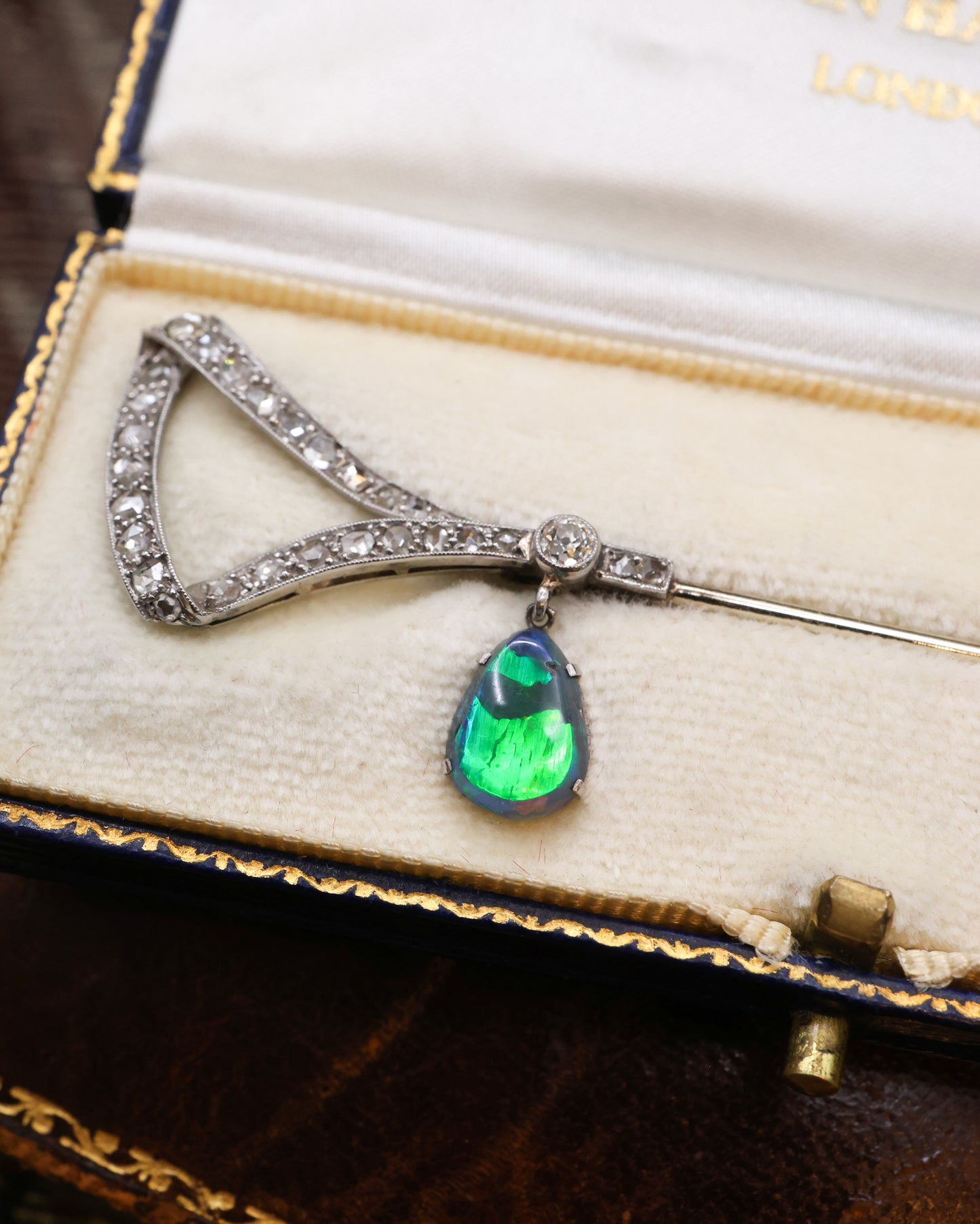 A very fine Platinum & 18ct Gold  (French marks) Diamond & Pear Shaped Black Opal Jabot Pin Circa 1920 - Robin Haydock Antique Jewellery