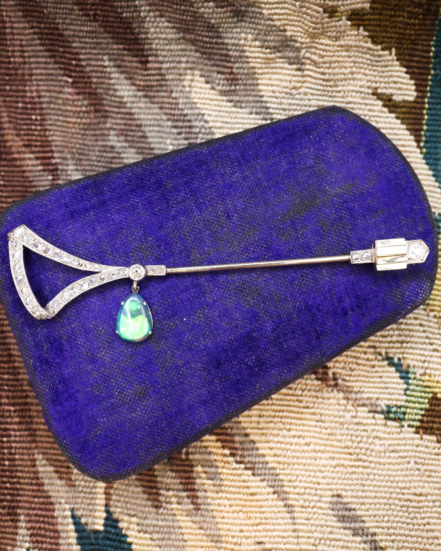 A very fine Platinum & 18ct Gold  (French marks) Diamond & Pear Shaped Black Opal Jabot Pin Circa 1920 - Robin Haydock Antique Jewellery
