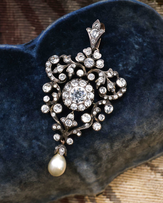 A very fine High Carat Yellow Gold, Silver Tipped  (tested), Foliate Pendant, set throughout with Victorian paste stones and one Drop Cultured Pearl (untested). Circa 1890. - Robin Haydock Antique Jewellery