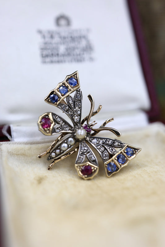 A very fine Antique High Carat Yellow Gold  (tested) Victorian Diamond, Natural Sapphire & Ruby Butterfly Pendant Brooch Circa 1880 - Robin Haydock Antiques