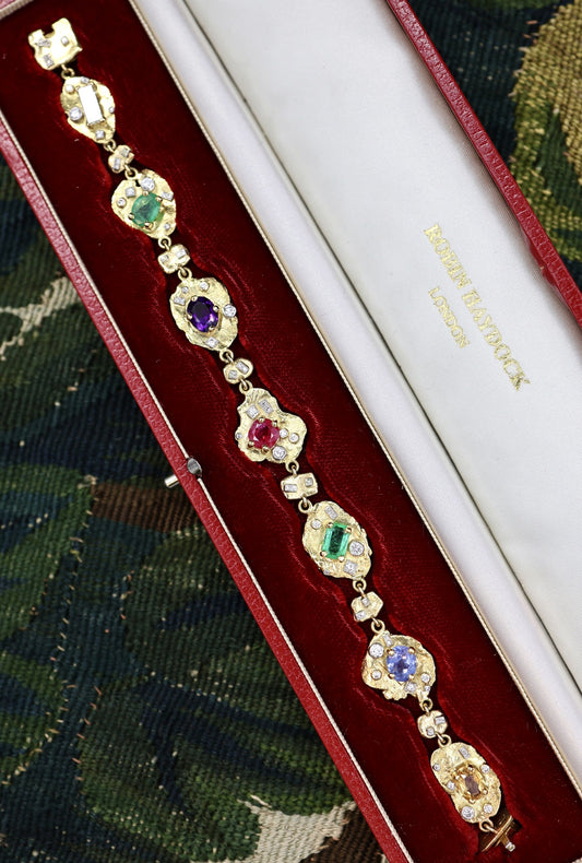 A very unusual Multi-Gem & Diamond, Yellow & White 18ct. Gold (tested), Acrostic Bracelet, Representing DEAREST. Circa 1970. - Robin Haydock Antiques
