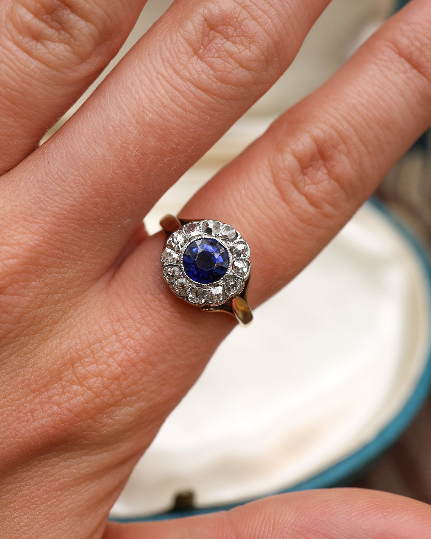 A fine 18ct Yellow Gold & Platinum (stamped),Sapphire and Diamond Cluster Ring Circa 1920-1930