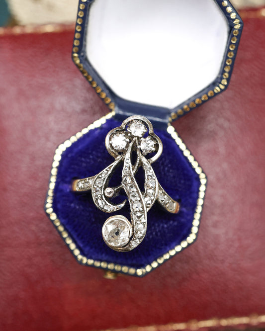 A very fine 18ct Yellow Gold (tested), Silver tipped Diamond, Art Nouveau, Foliate Design Ring. C. 1890