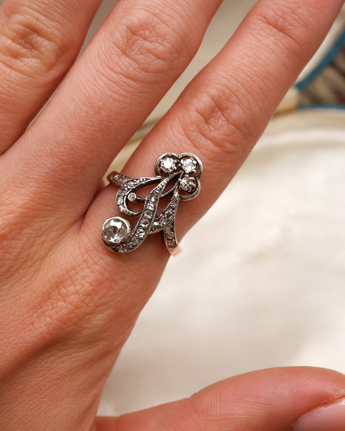 A very fine 18ct Yellow Gold (tested), Silver tipped Diamond, Art Nouveau, Foliate Design Ring. C. 1890