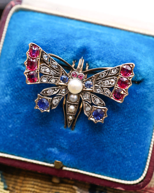 High Carat Yellow Gold  Victorian Diamond, Natural Ruby, & Sapphire Butterfly Brooch Circa 1880