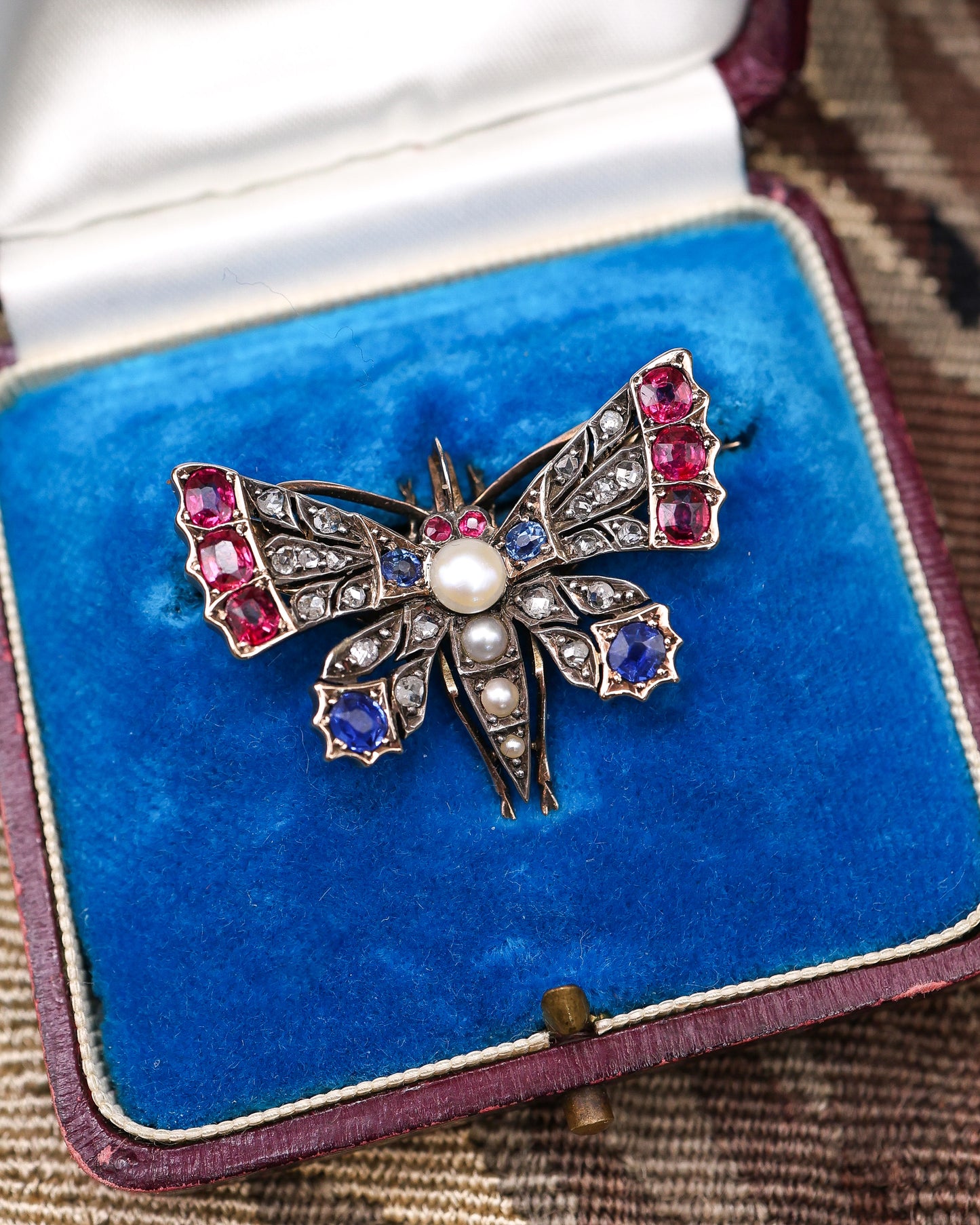 High Carat Yellow Gold  Victorian Diamond, Natural Ruby, & Sapphire Butterfly Brooch Circa 1880
