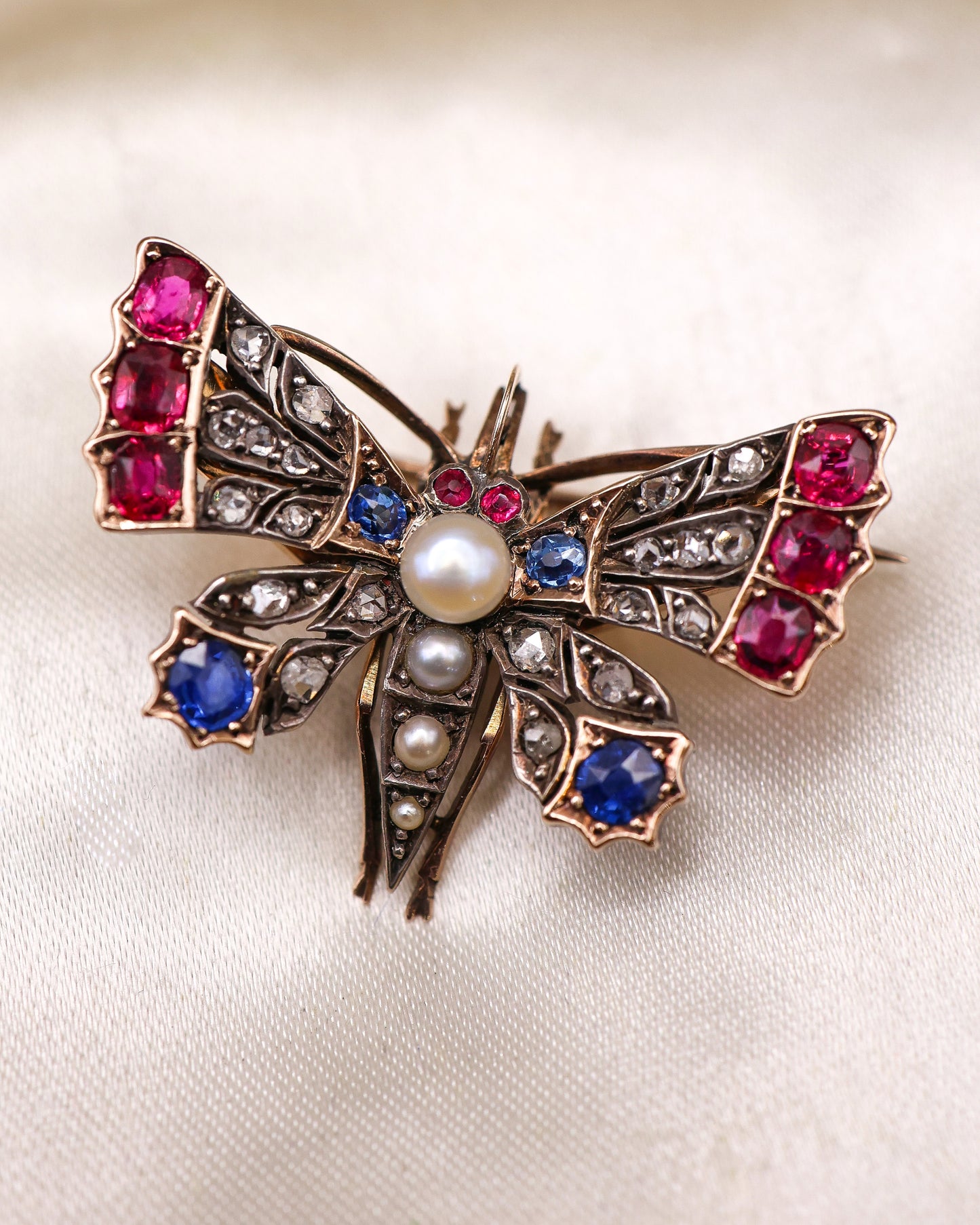 High Carat Yellow Gold  Victorian Diamond, Natural Ruby, & Sapphire Butterfly Brooch Circa 1880