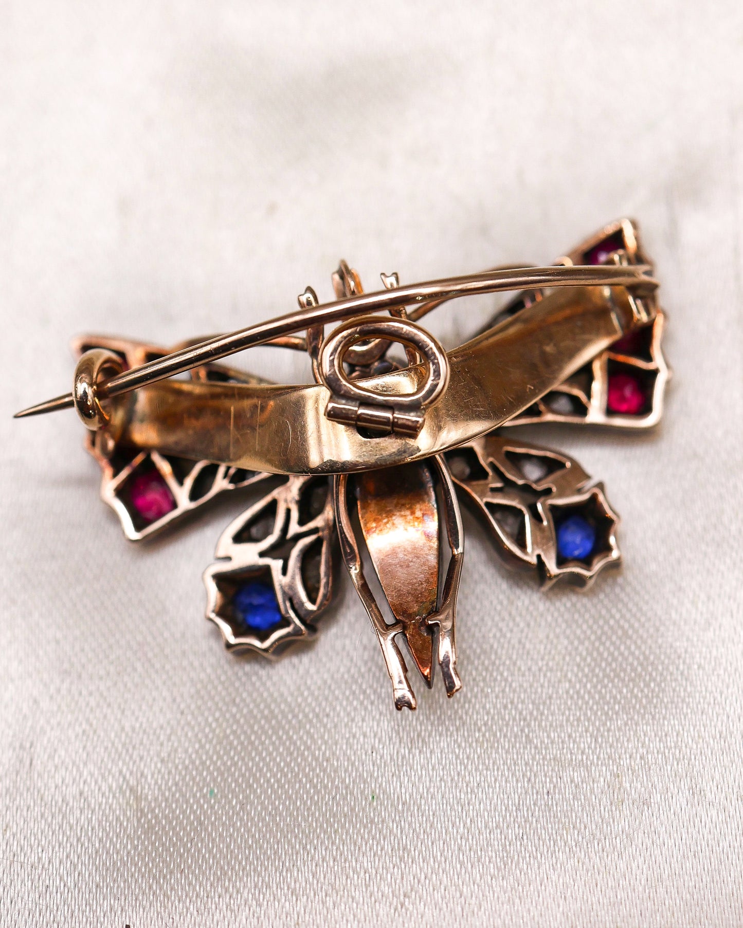 High Carat Yellow Gold  Victorian Diamond, Natural Ruby, & Sapphire Butterfly Brooch Circa 1880