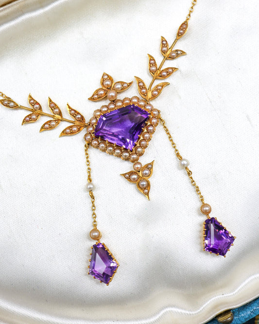 A Very Fine Late Victorian 15 ct. Yellow Gold (tested), Amethyst and Seed Pearl Necklace. English. Circa 1890. - Robin Haydock Antique Jewellery