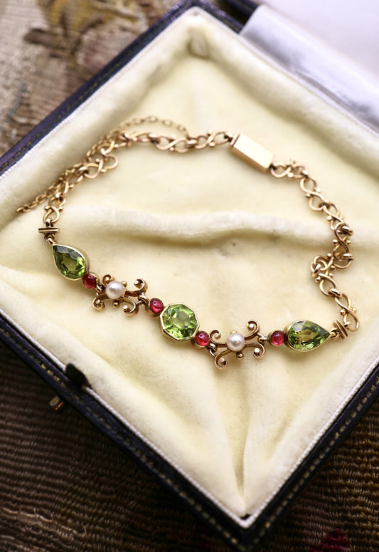 15ct Yellow Gold Victorian Peridot, Pearl and Ruby Bracelet Circa 1890