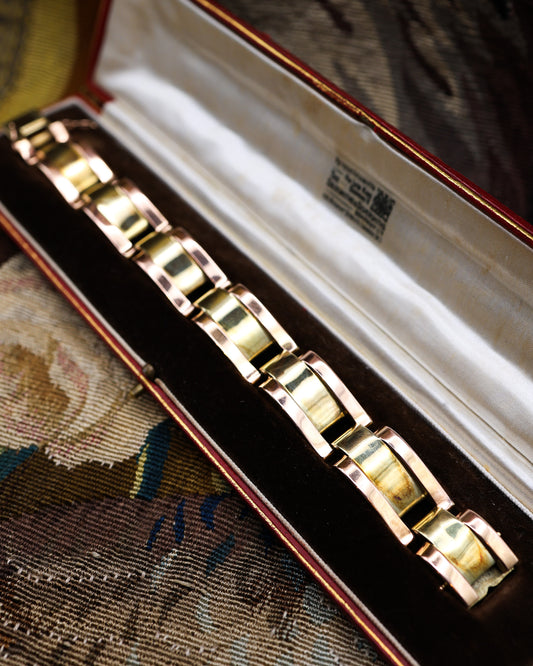A very fine Antique 14 ct. (stamped 585),  Greenish Yellow & Pink Gold Art Deco Tank Style Bracelet, in it's original box. Circa 1939 - Robin Haydock Antiques