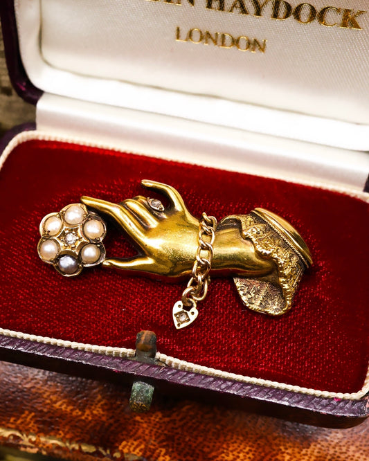 A very fine 15ct Yellow Gold Chester Hallmarked  Diamond & Natural Pearl Hand Brooch. Circa 1835 - 1900 - Robin Haydock Antiques