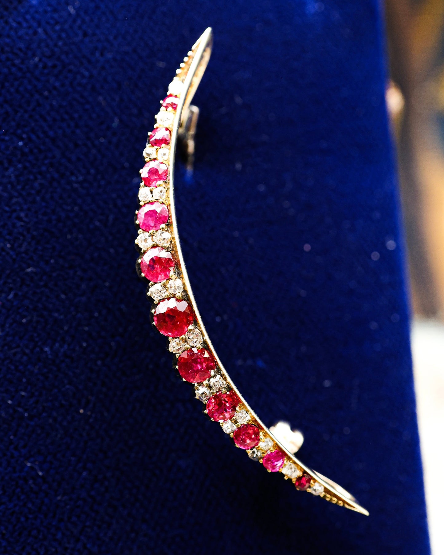 An exceptional Victorian 18ct. Yellow Gold (tested), Untreated Burma Ruby and Diamond Crescent Brooch. Circa 1890.