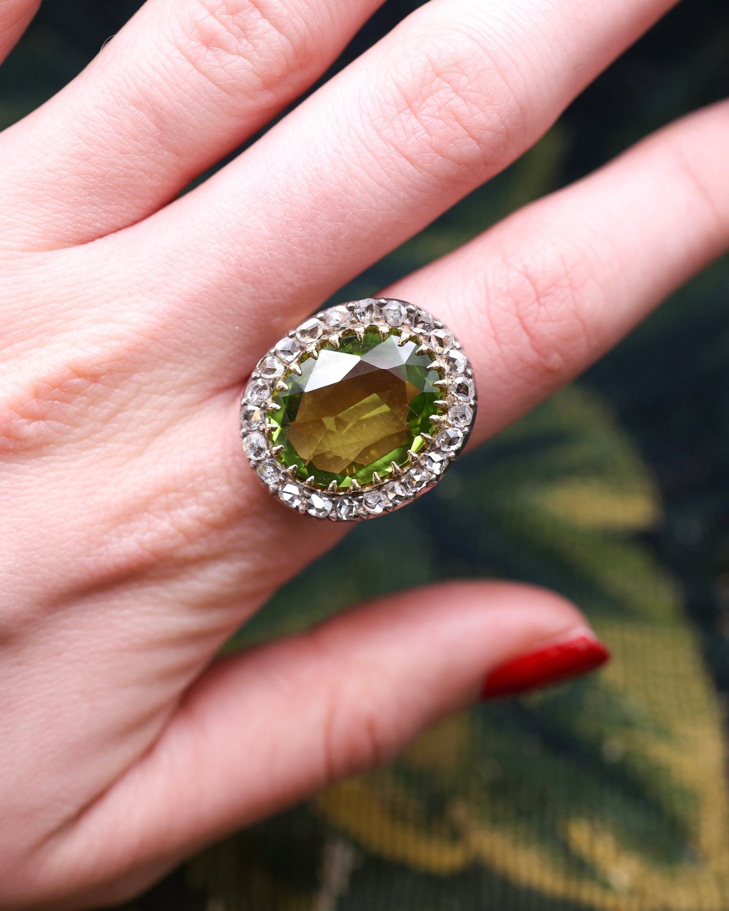 A very fine 18 carat Yellow Gold (tested), Silver tipped Peridot and Rose Cut Diamond Cluster Ring. Circa 1900.