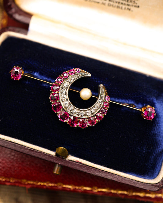 A very fine Victorian, Rose Gold & Silver, "Siam" Ruby, Natural Pearl and Diamond Crescent Brooch, with satellite Rubies. English Circa 1880 - Robin Haydock Antiques