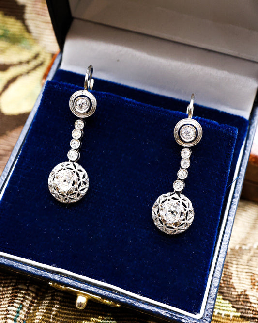 Antique Platinum Art Deco Diamond Drop Earrings Circa 1925