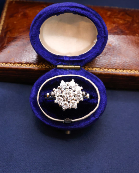 A very fine Platinum (950), & Palladium Cluster Ring, raised claw set with 1.20 Carats of G - H Colour, SI1 Clarity Diamonds. Mid - Late 20th Century. - Robin Haydock Antique Jewellery