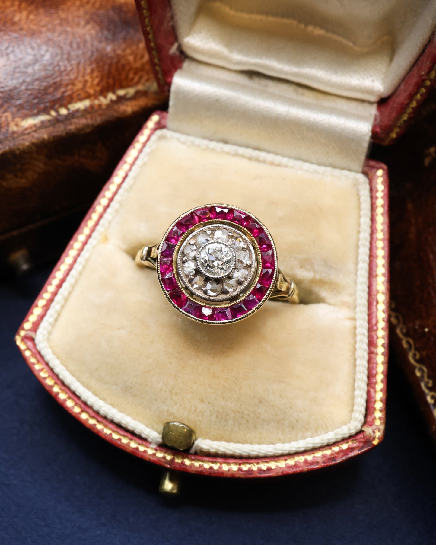 18ct Yellow Gold (tested) Platinum Tipped Diamond & Ruby Target Ring, circa 1925 - Robin Haydock Antique Jewellery