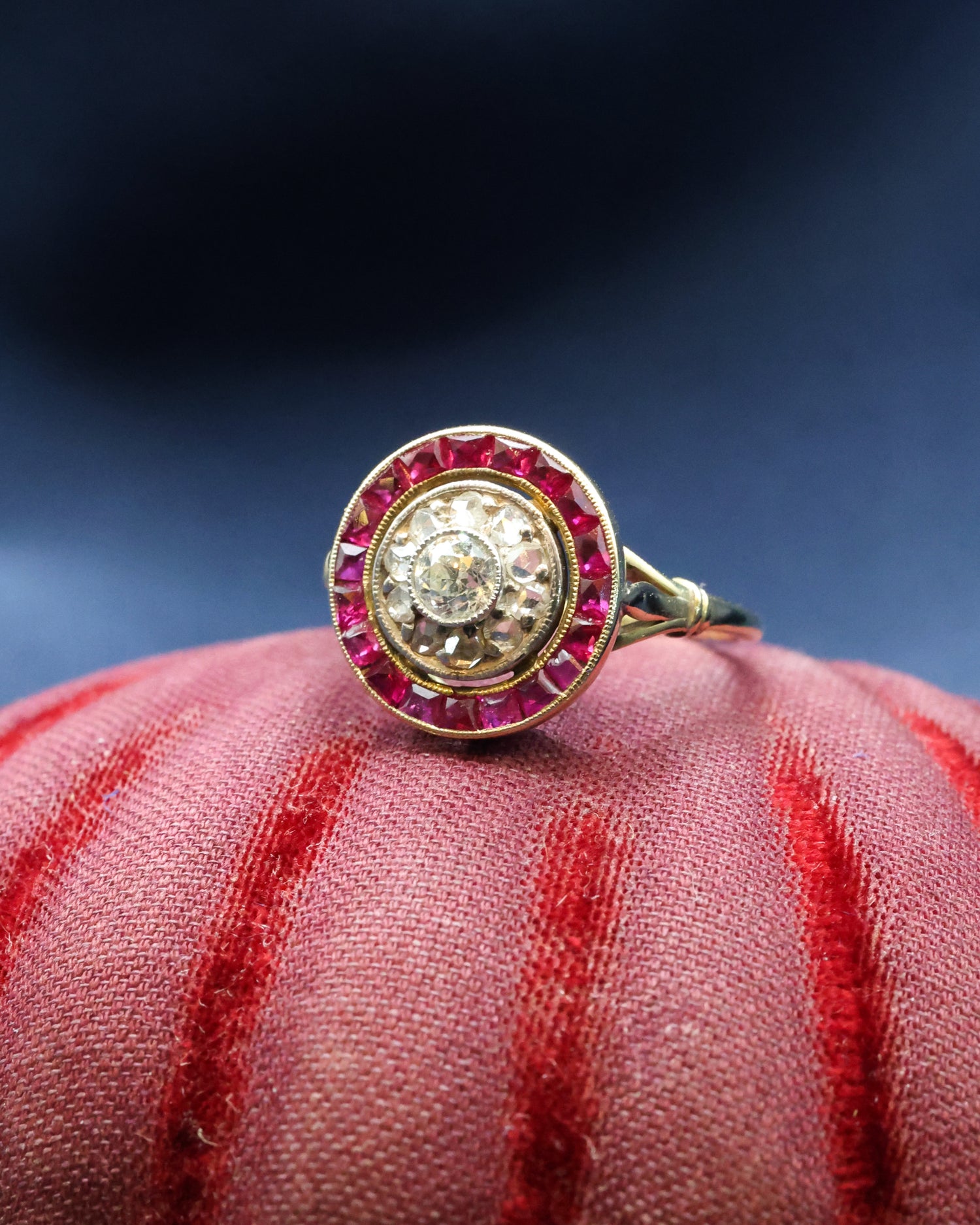 18ct Yellow Gold (tested) Platinum Tipped Diamond & Ruby Target Ring, circa 1925 - Robin Haydock Antique Jewellery