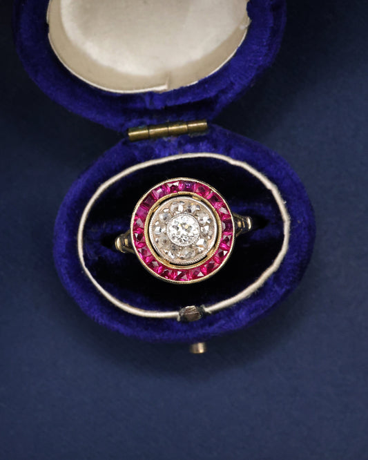 18ct Yellow Gold (tested) Platinum Tipped Diamond & Ruby Target Ring, circa 1925 - Robin Haydock Antique Jewellery