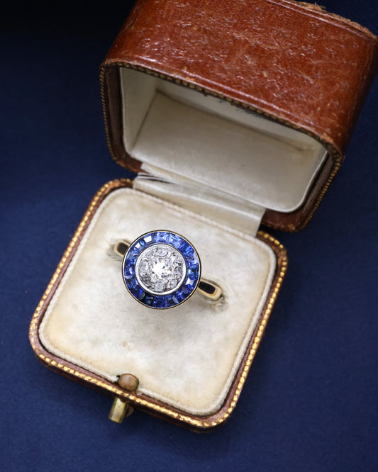 An 18ct Yellow Gold (tested), Platinum, Diamond & Sapphire Target Ring Circa 1925 - Robin Haydock Antique Jewellery