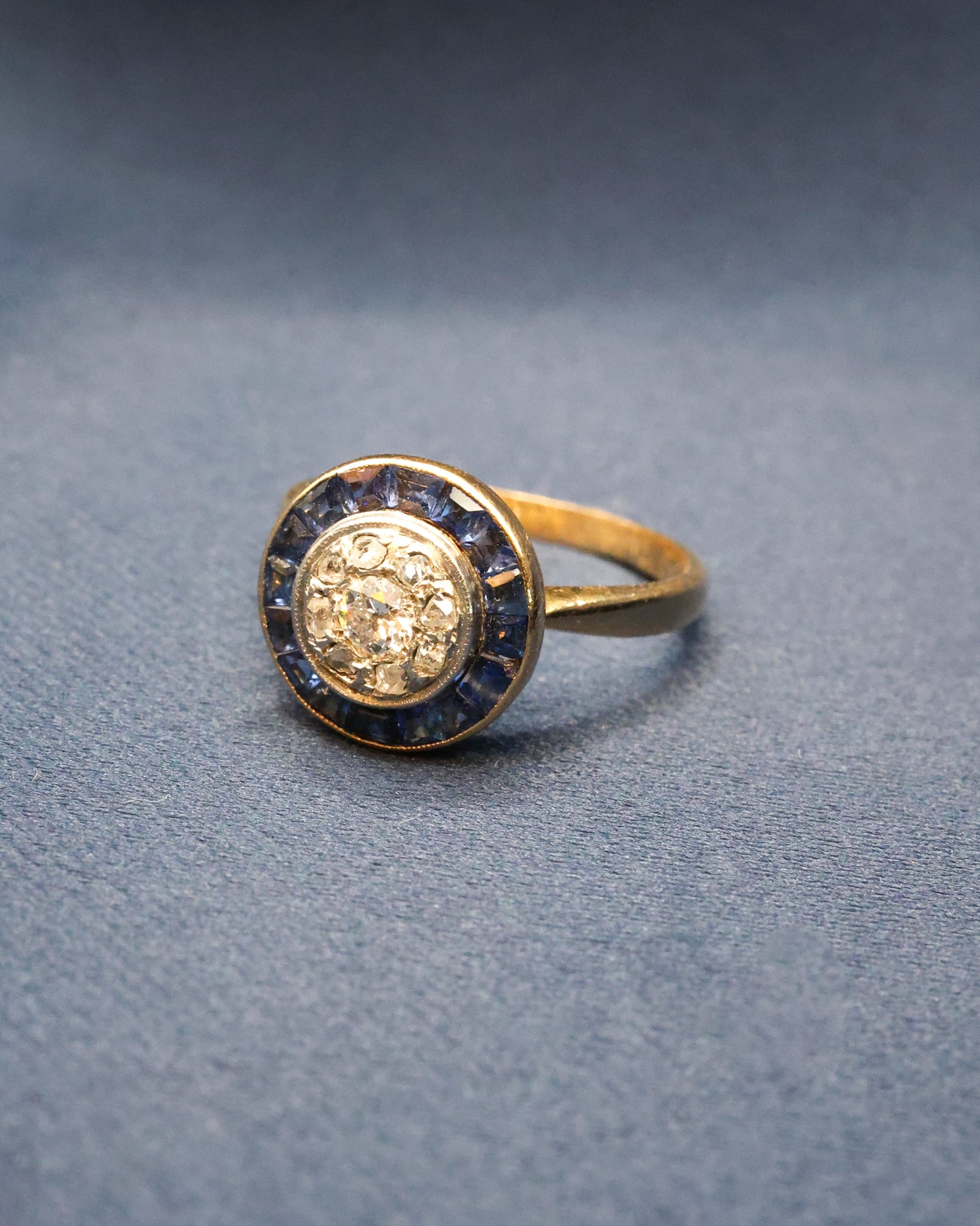 An 18ct Yellow Gold (tested), Platinum, Diamond & Sapphire Target Ring Circa 1925 - Robin Haydock Antique Jewellery