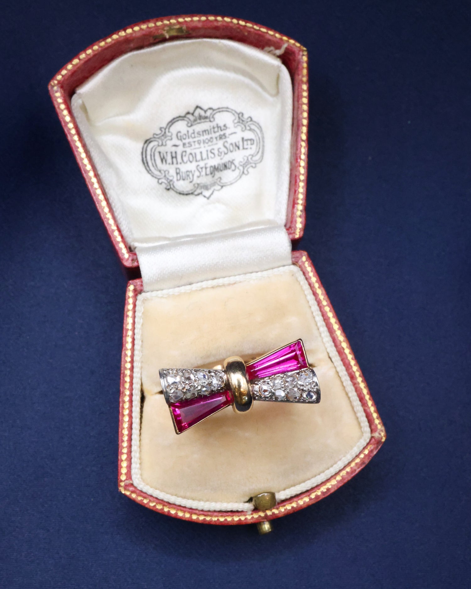 18ct Yellow Gold, Diamonds & Synthetic Ruby Bow Shaped Ring wth French Marks, circa 1940 - Robin Haydock Antique Jewellery