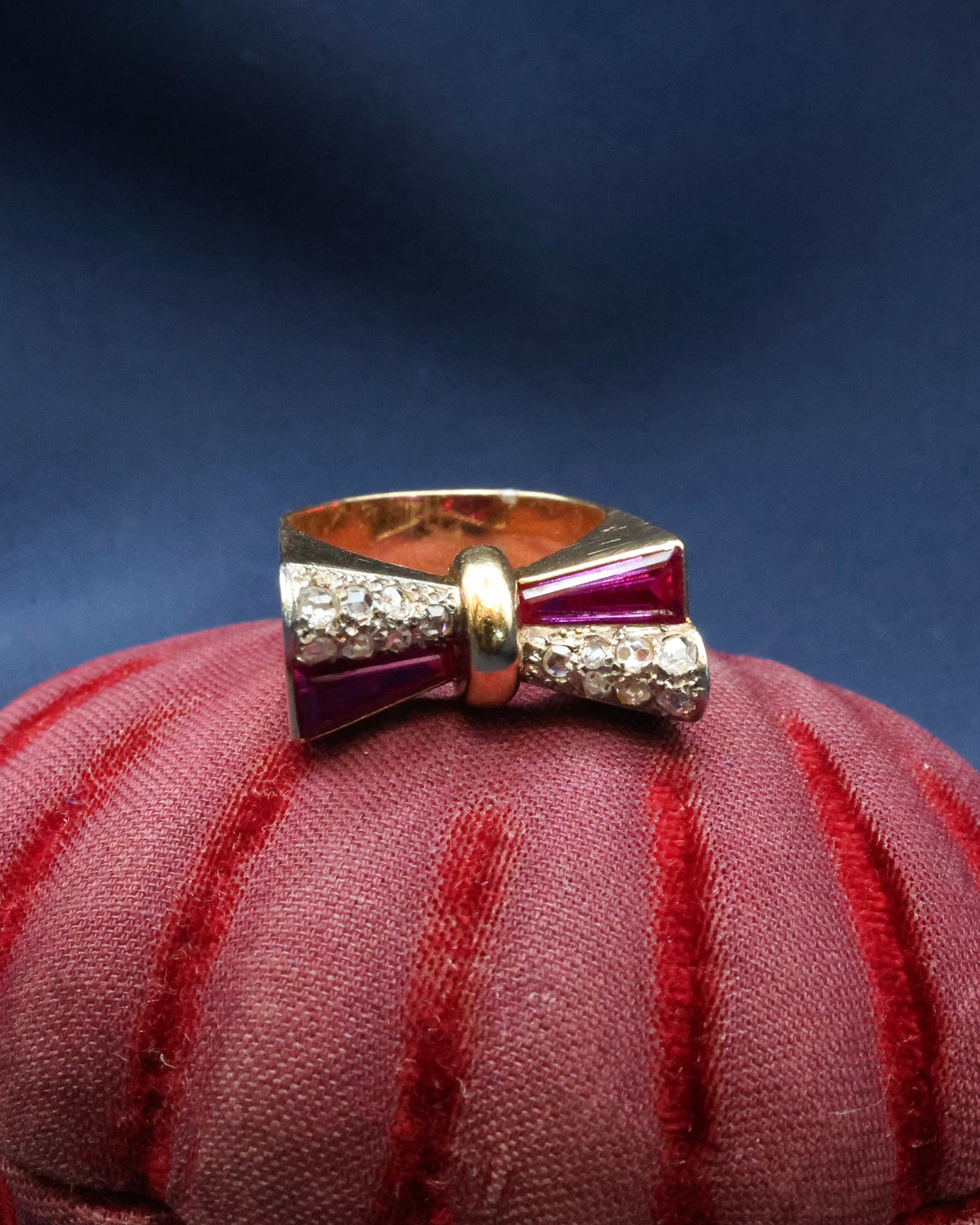 18ct Yellow Gold, Diamonds & Synthetic Ruby Bow Shaped Ring wth French Marks, circa 1940 - Robin Haydock Antique Jewellery