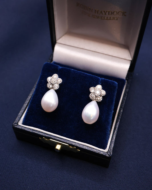 18ct White Gold Floral Pearl and Diamond Small Drop Earrings Pre-owned - Robin Haydock Antique Jewellery
