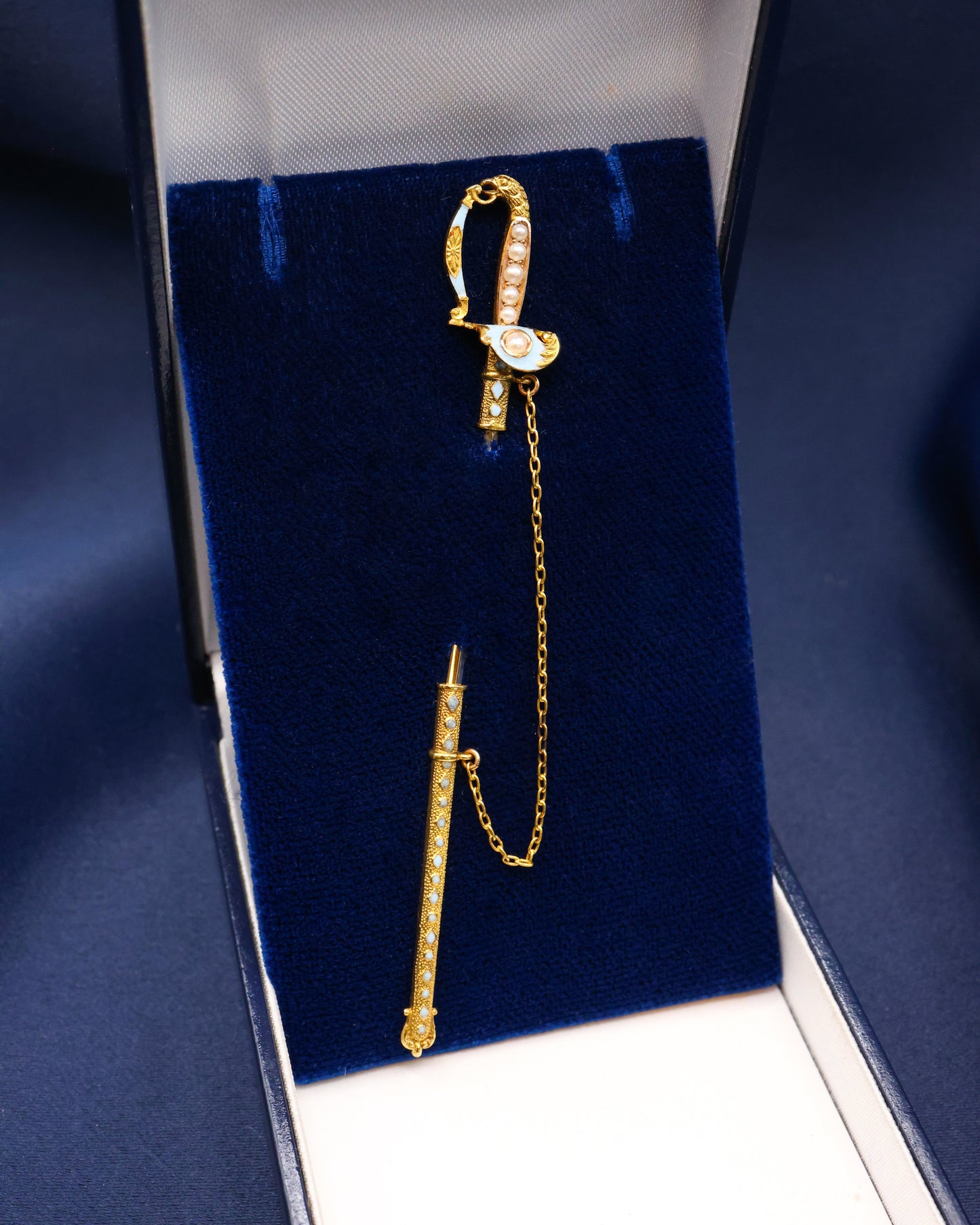A very finely worked High Carat Yellow Gold Turquoise, Enamel & Pearl Sword Pin, with Eagles Head. Circa 1890 - Robin Haydock Antique Jewellery