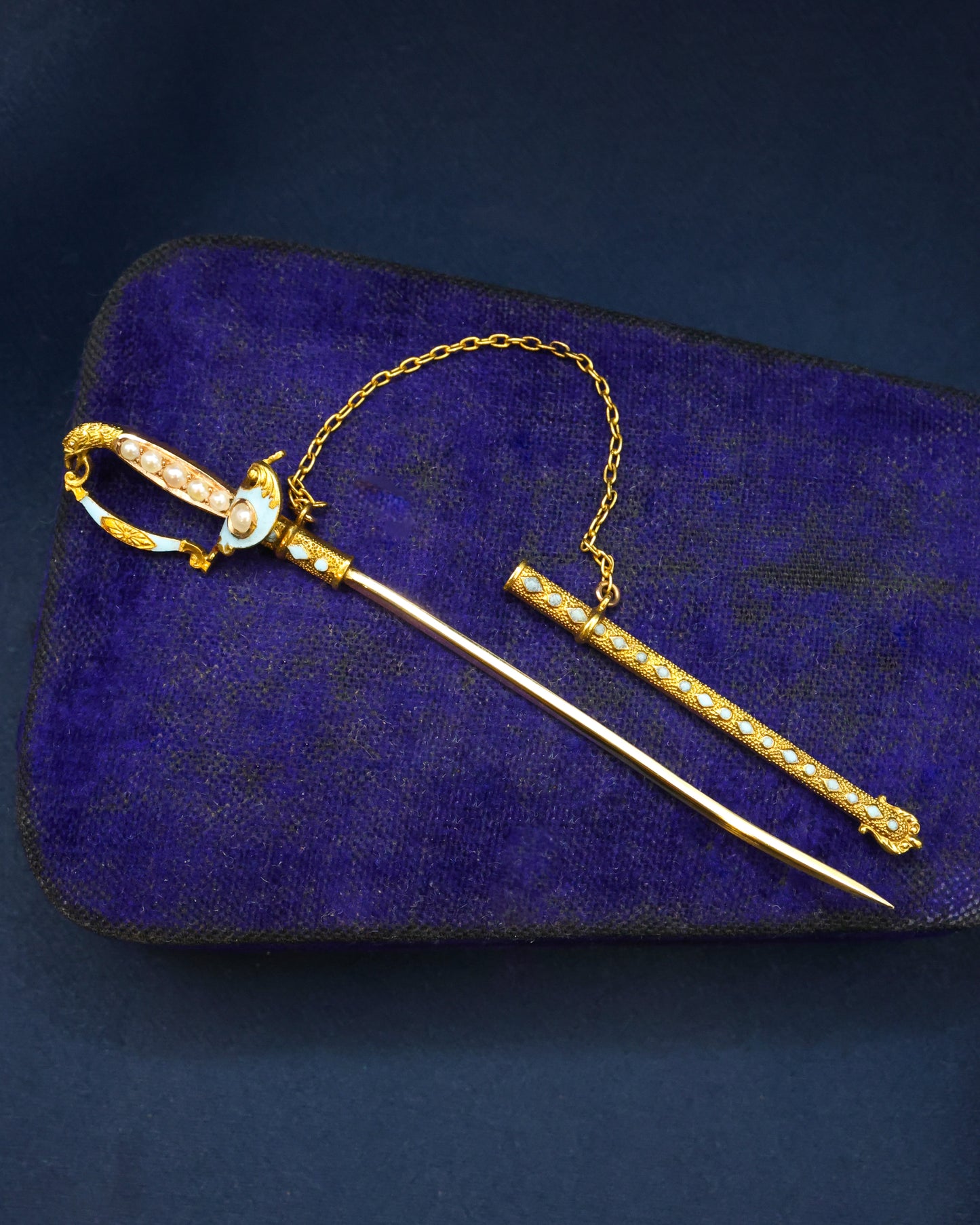 A very finely worked High Carat Yellow Gold Turquoise, Enamel & Pearl Sword Pin, with Eagles Head. Circa 1890 - Robin Haydock Antique Jewellery