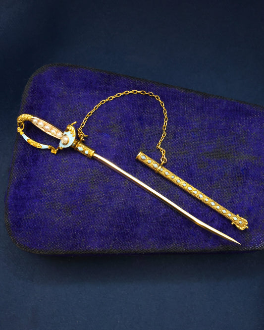 A very finely worked High Carat Yellow Gold Turquoise, Enamel & Pearl Sword Pin, with Eagles Head. Circa 1890