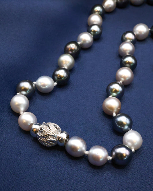 A Beautiful Dark and Light Grey to White Orient Graduated Cultured Pearl Necklace with an 18ct. White Gold (stamped), Spherical Clasp. Pre-Owned Circa 1990 - Robin Haydock Antique Jewellery