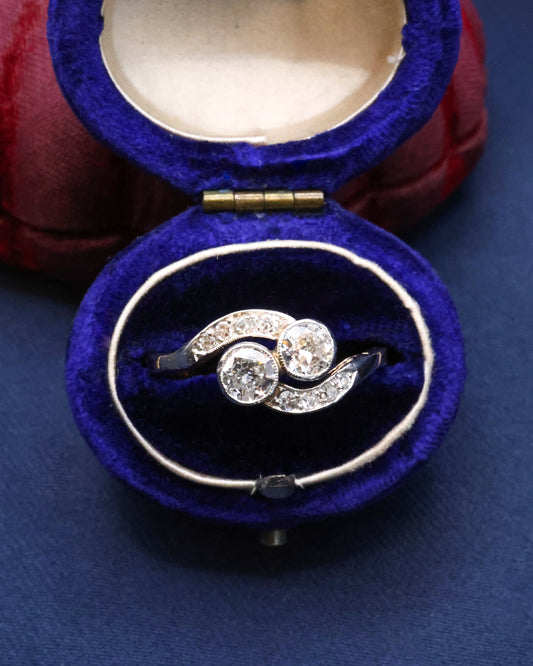 Engraved Diamond Two Stone Twist Ring Circa 1930 - Robin Haydock Antique Jewellery