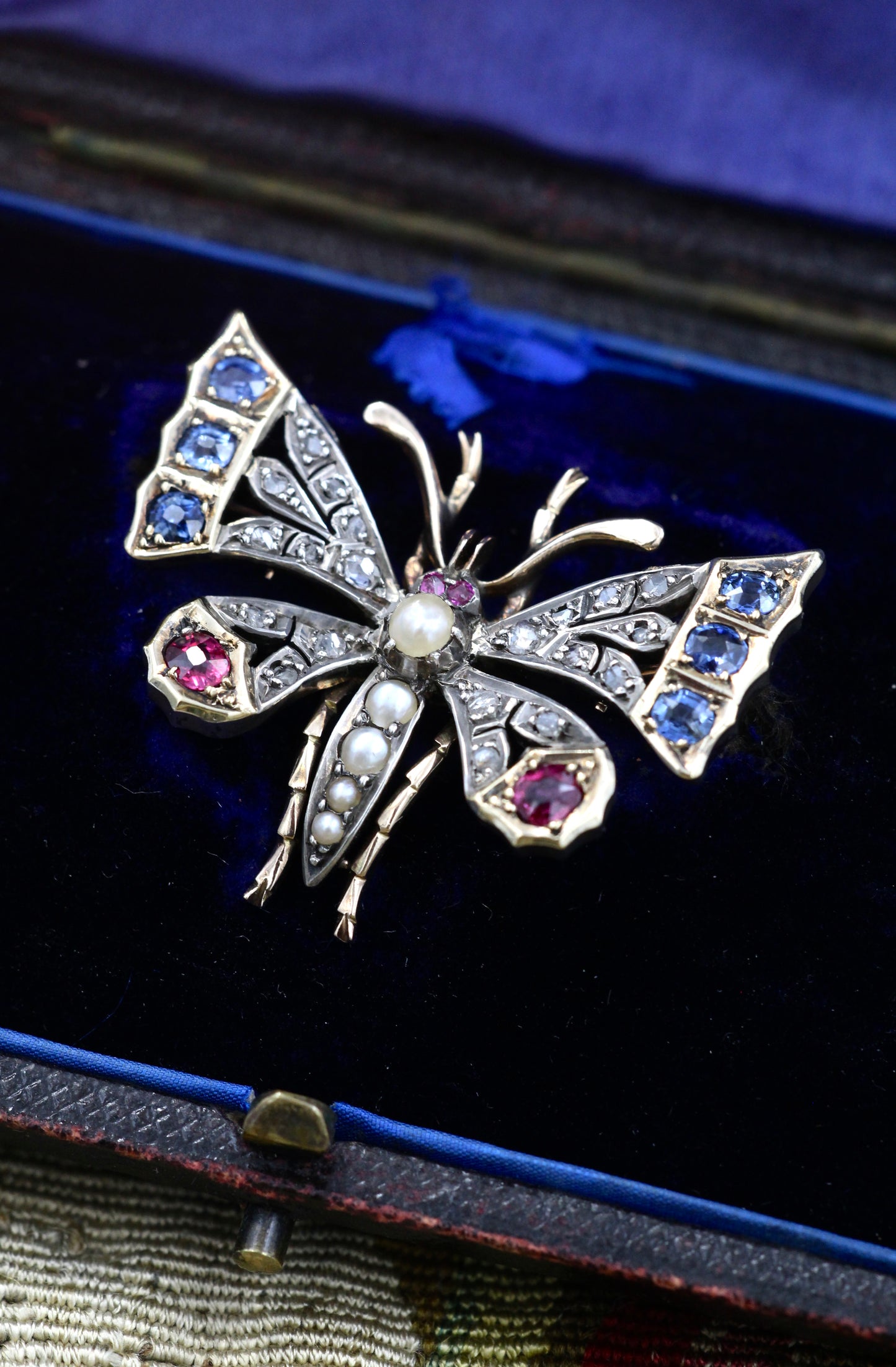 A very fine High Carat Yellow Gold  (tested) Victorian Diamond, Natural Sapphire & Ruby Butterfly Pendant Brooch Circa 1880 - Robin Haydock Antiques