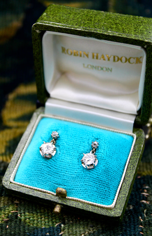 A very fine pair of Antique Platinum, 18 Carat Yellow & Rose Gold (tested) Diamond two Drop Earrings, 1.14 Carats. Circa 1905 - Robin Haydock Antiques