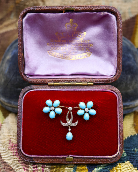 A very fine 15ct Yellow Gold (tested), Silver tipped Turquoise & Diamond Brooch, British Circa 1905.