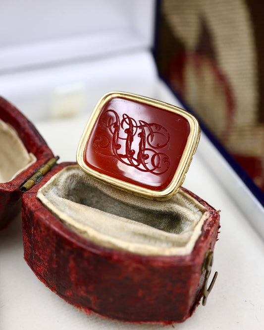 A very Fine Antique 15ct Yellow Gold Fob Seal with Carnelian Stone Engraved "JH", circa 1830 - Robin Haydock Antiques