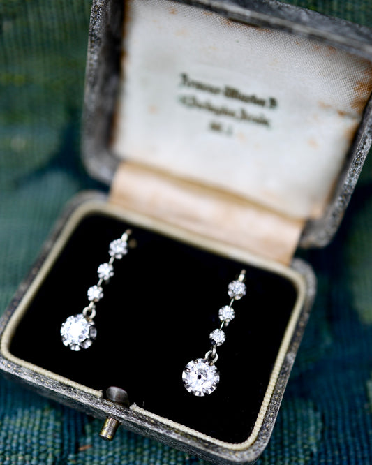 A fine pair of French (marked) Antique "Belle Epoque" Old European Cut 1.54 Carat, Diamond Drop Earrings, Circa 1890